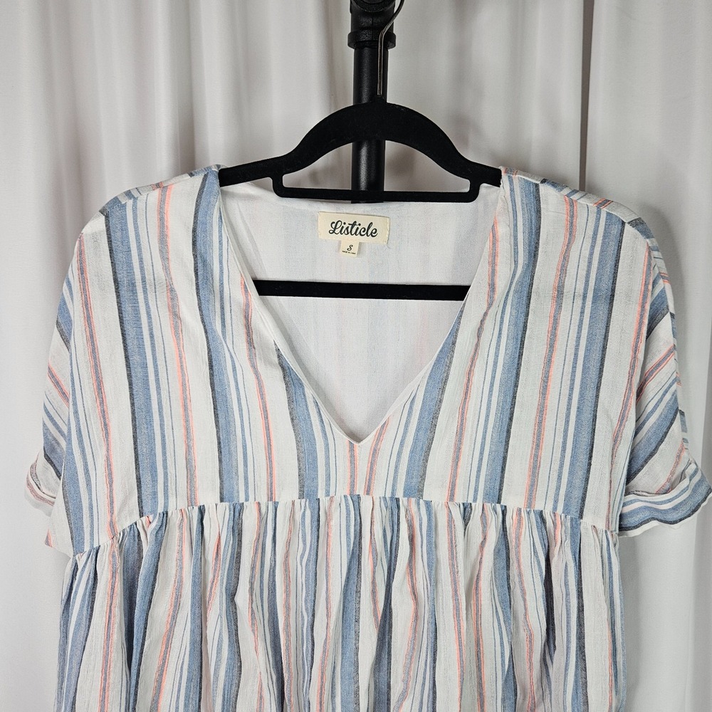 Listicle Striped Babydoll Tunic Mini Dress Women S White Blue Lined Coastal Chic - Picture 2 of 7